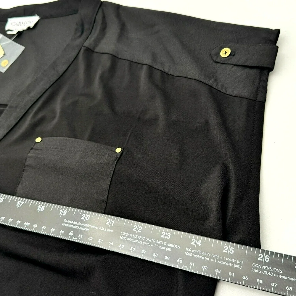 CARMEN MARC VALVO NWT XL Black Short Sleeve Tunic Top Gold Buttons Chest Pockets - Picture 7 of 7